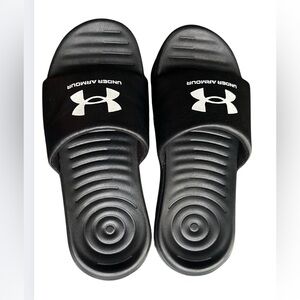 Under Armour Women’s Black Ansa Fix Slides with White Logo Size 8 EUC